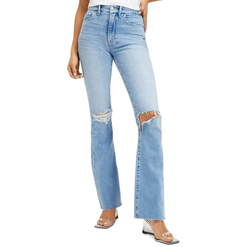 Good American Light Blue Distressed Flare Jeans - Picture 2 of 5